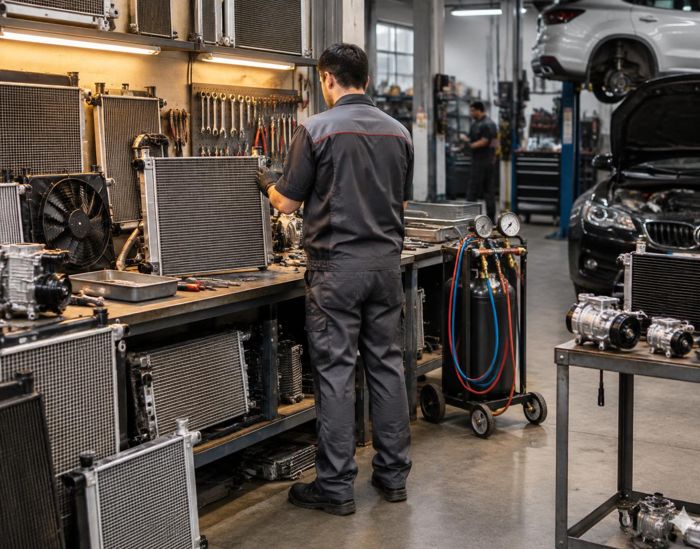 Especialista realizando manutenção em radiador automotivo
